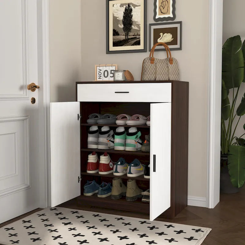 Schuhschrank, 4-stufiger Schuhregal-Organizer mit 1 Schublade, freistehender Schuhschrank mit 2 Türen und verstellbaren Einlegeböden