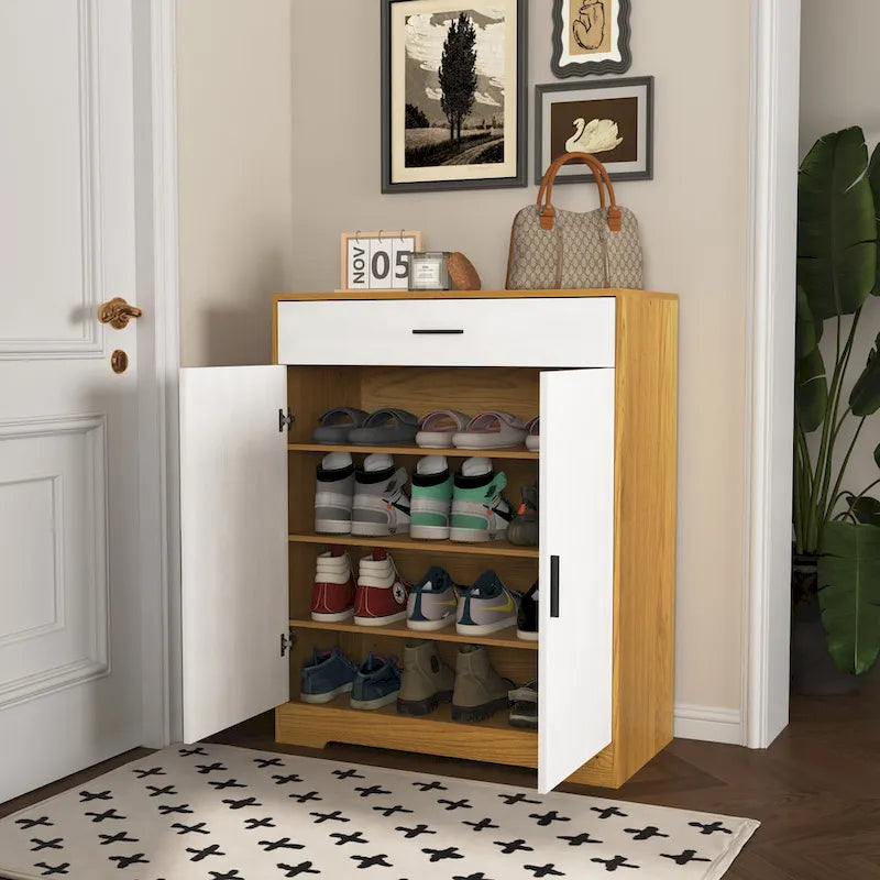 Schuhschrank, 4-stufiger Schuhregal-Organizer mit 1 Schublade, freistehender Schuhschrank mit 2 Türen und verstellbaren Einlegeböden