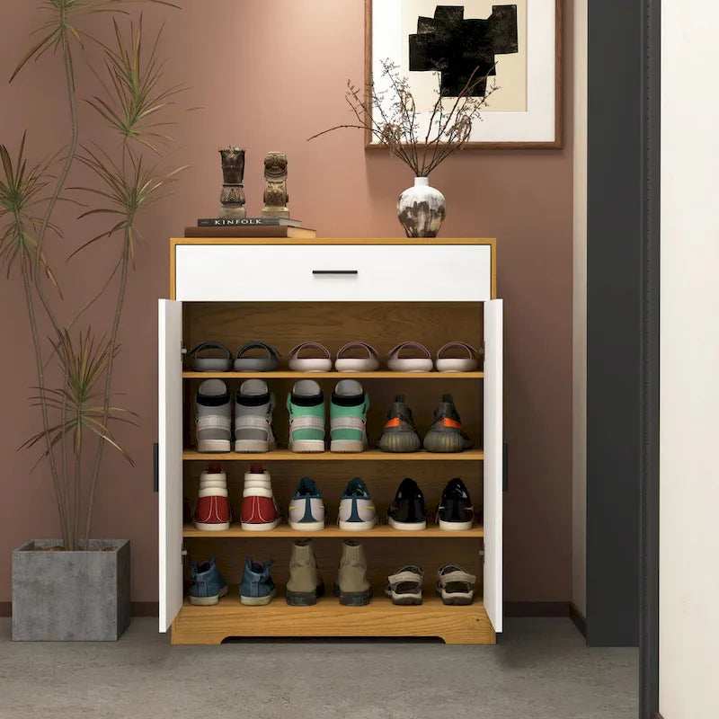 Schuhschrank, 4-stufiger Schuhregal-Organizer mit 1 Schublade, freistehender Schuhschrank mit 2 Türen und verstellbaren Einlegeböden