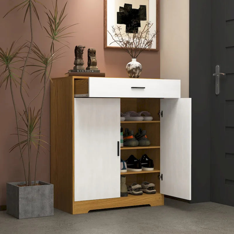 Schuhschrank, 4-stufiger Schuhregal-Organizer mit 1 Schublade, freistehender Schuhschrank mit 2 Türen und verstellbaren Einlegeböden