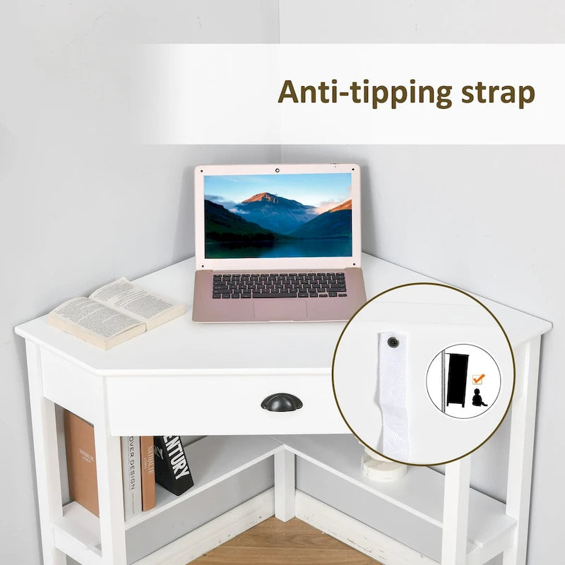 Modern compact hoekbureau met uitschuifbare lade en open planken voor kleine kamers en werkruimtes of presentatieruimtes