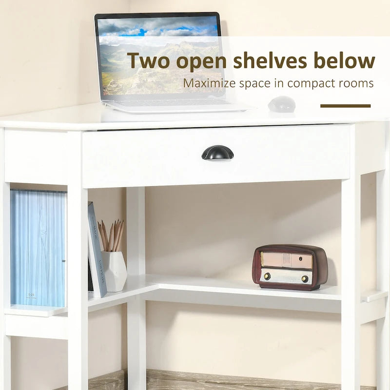 Modern compact hoekbureau met uitschuifbare lade en open planken voor kleine kamers en werkruimtes of presentatieruimtes