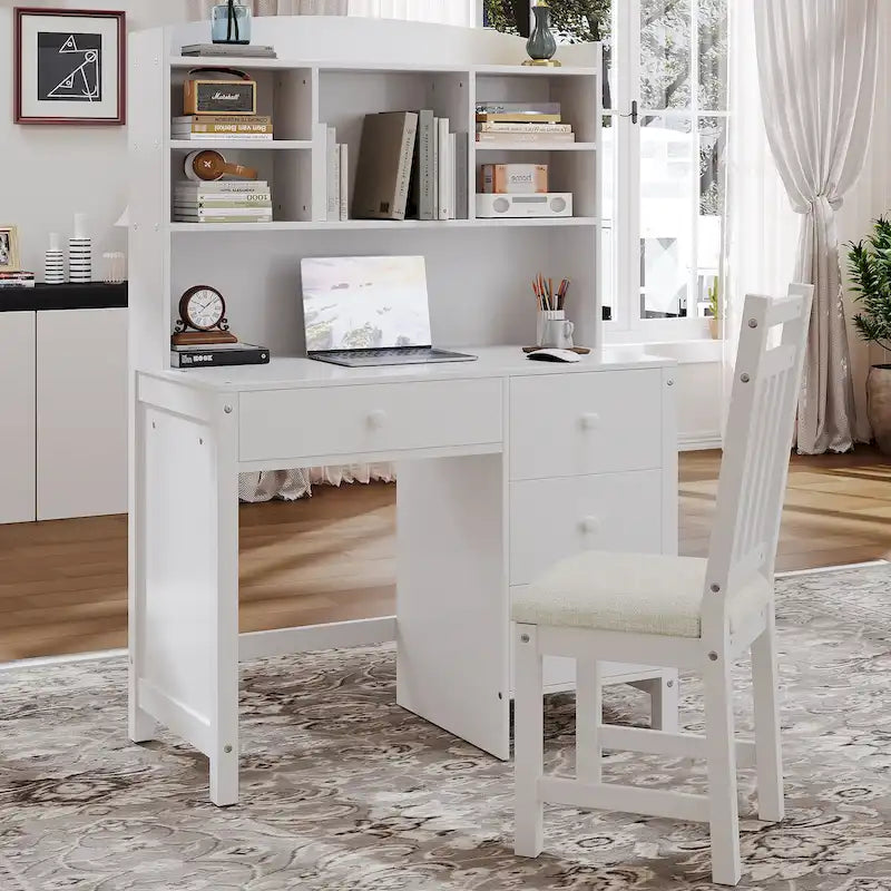 Computertisch mit vier Schubladen, Ablageboden und Stuhl, ideal fürs Büro oder Arbeitszimmer im Schlafzimmer oder Wohnzimmer