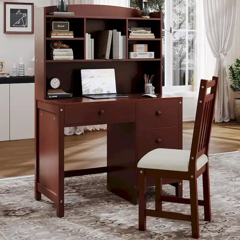 Computerbureau met vier laden, opbergplank en stoel, ideaal voor kantoor of studeerkamer in de slaapkamer of woonkamer
