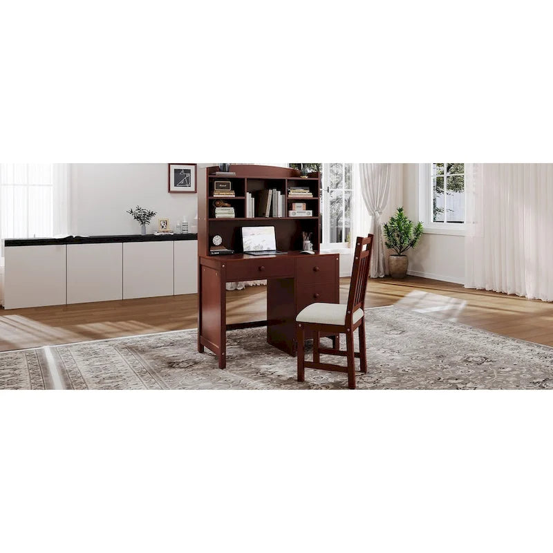 Computertisch mit vier Schubladen, Ablageboden und Stuhl, ideal fürs Büro oder Arbeitszimmer im Schlafzimmer oder Wohnzimmer