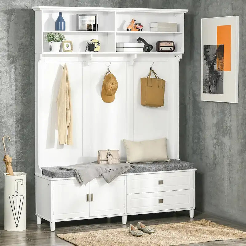 Moderner Garderobenständer mit Stauraum, freistehende Kleiderstange mit Aufbewahrungsbank, Schrank und Schubladen
