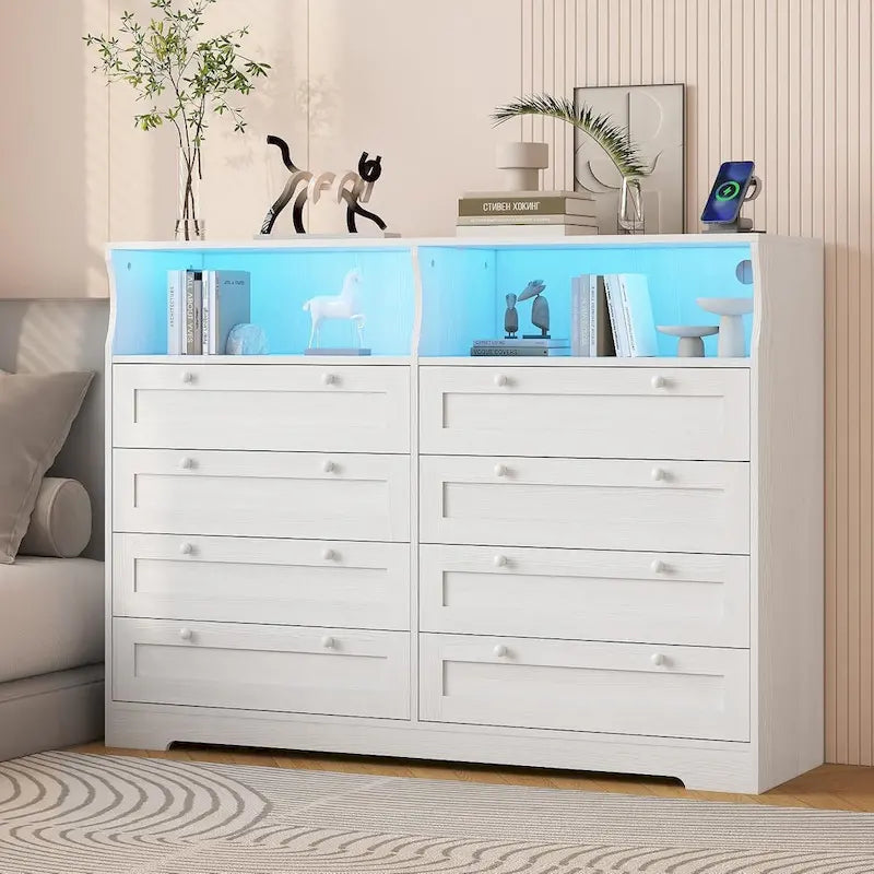 Moderner Schrank aus Holz mit 8 Schubladen, Schlafzimmerschrank mit Ladestation und LED-Leuchten