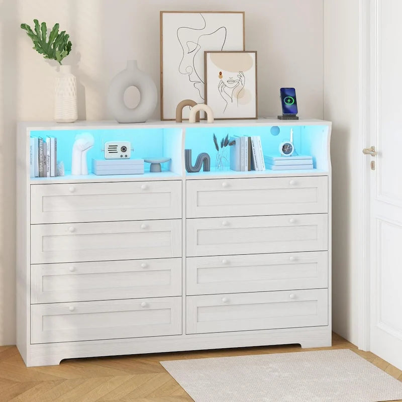 Moderner Schrank aus Holz mit 8 Schubladen, Schlafzimmerschrank mit Ladestation und LED-Leuchten
