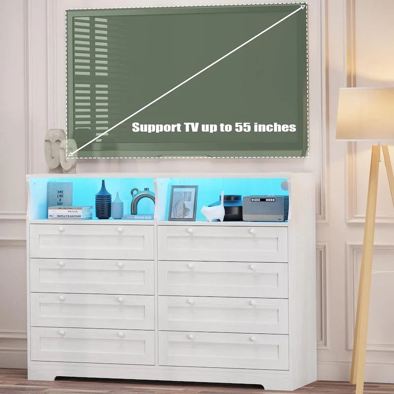 Moderner Schrank aus Holz mit 8 Schubladen, Schlafzimmerschrank mit Ladestation und LED-Leuchten