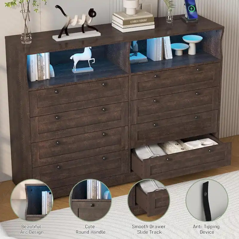 Moderner Schrank aus Holz mit 8 Schubladen, Schlafzimmerschrank mit Ladestation und LED-Leuchten