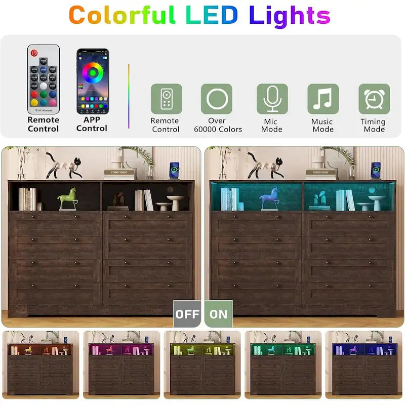 Moderner Schrank aus Holz mit 8 Schubladen, Schlafzimmerschrank mit Ladestation und LED-Leuchten