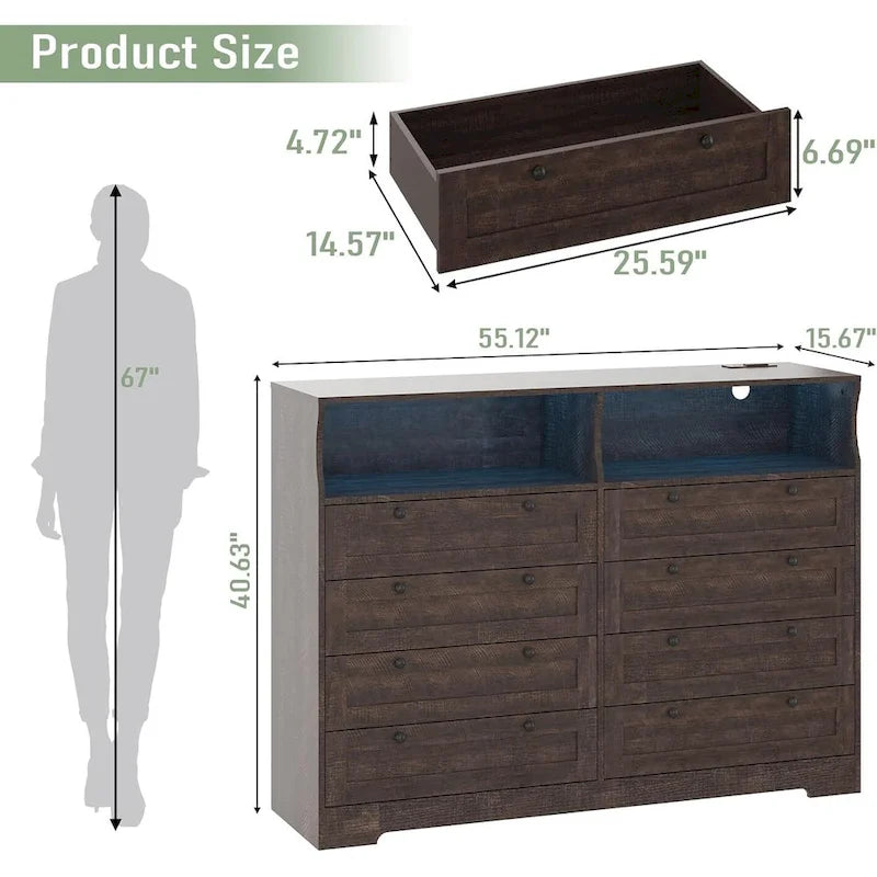 Moderner Schrank aus Holz mit 8 Schubladen, Schlafzimmerschrank mit Ladestation und LED-Leuchten