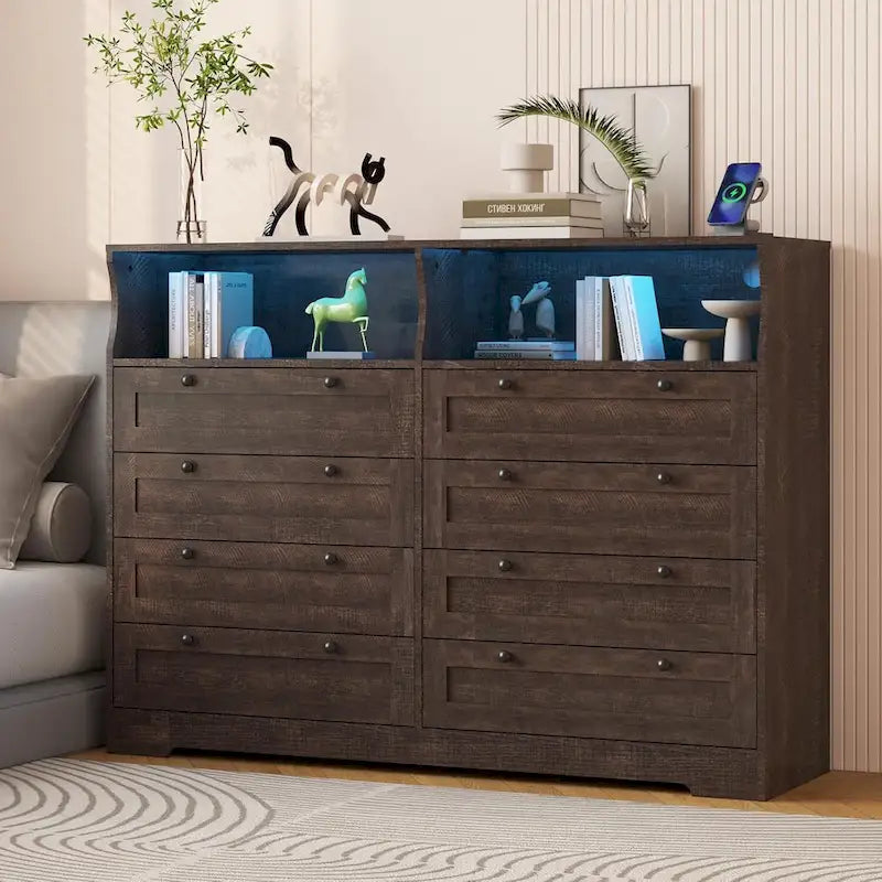 Moderner Schrank aus Holz mit 8 Schubladen, Schlafzimmerschrank mit Ladestation und LED-Leuchten