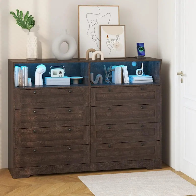 Moderner Schrank aus Holz mit 8 Schubladen, Schlafzimmerschrank mit Ladestation und LED-Leuchten
