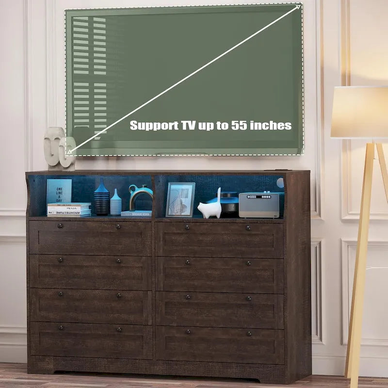 Moderner Schrank aus Holz mit 8 Schubladen, Schlafzimmerschrank mit Ladestation und LED-Leuchten