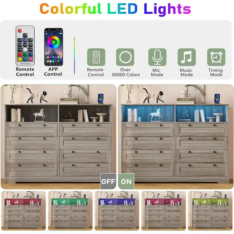 Moderner Schrank aus Holz mit 8 Schubladen, Schlafzimmerschrank mit Ladestation und LED-Leuchten