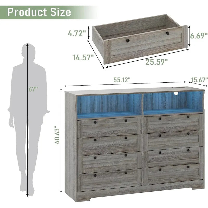 Moderner Schrank aus Holz mit 8 Schubladen, Schlafzimmerschrank mit Ladestation und LED-Leuchten