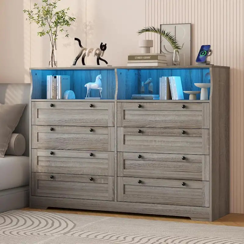 Moderner Schrank aus Holz mit 8 Schubladen, Schlafzimmerschrank mit Ladestation und LED-Leuchten