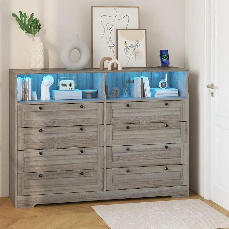 Moderner Schrank aus Holz mit 8 Schubladen, Schlafzimmerschrank mit Ladestation und LED-Leuchten