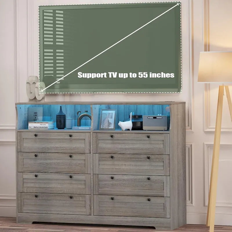 Moderner Schrank aus Holz mit 8 Schubladen, Schlafzimmerschrank mit Ladestation und LED-Leuchten