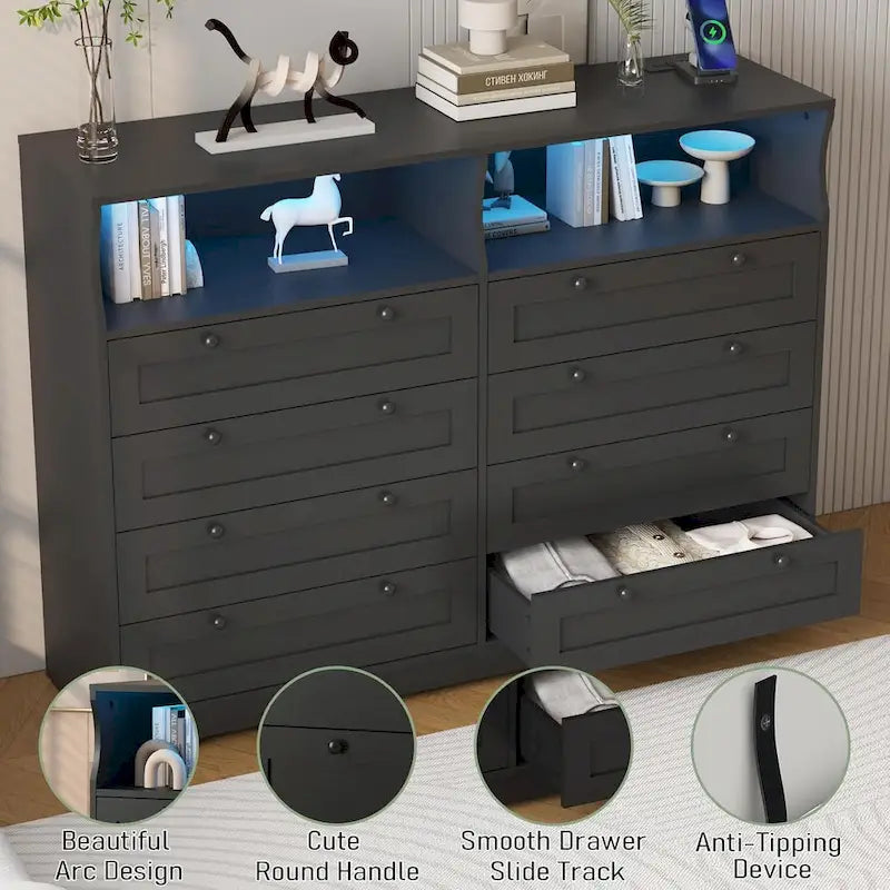 Moderner Schrank aus Holz mit 8 Schubladen, Schlafzimmerschrank mit Ladestation und LED-Leuchten