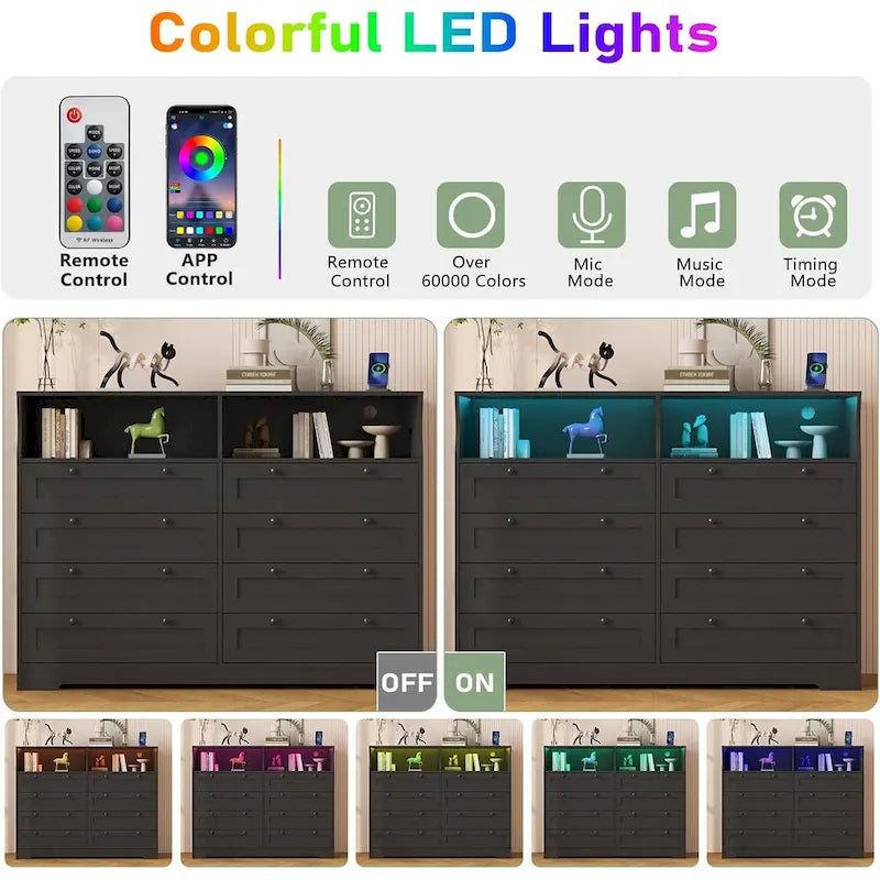Moderner Schrank aus Holz mit 8 Schubladen, Schlafzimmerschrank mit Ladestation und LED-Leuchten