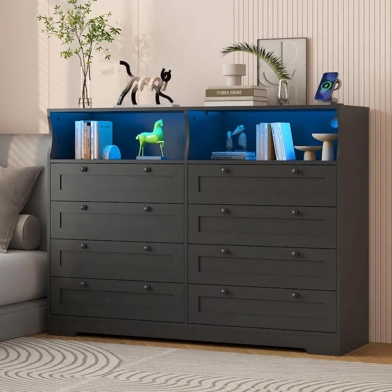Moderner Schrank aus Holz mit 8 Schubladen, Schlafzimmerschrank mit Ladestation und LED-Leuchten