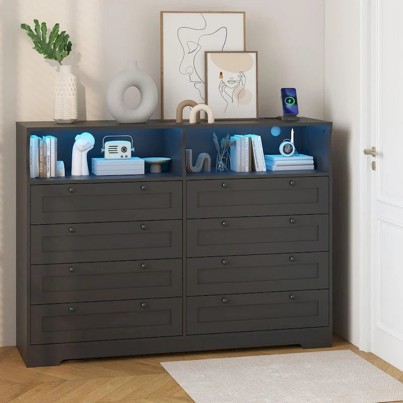 Moderner Schrank aus Holz mit 8 Schubladen, Schlafzimmerschrank mit Ladestation und LED-Leuchten