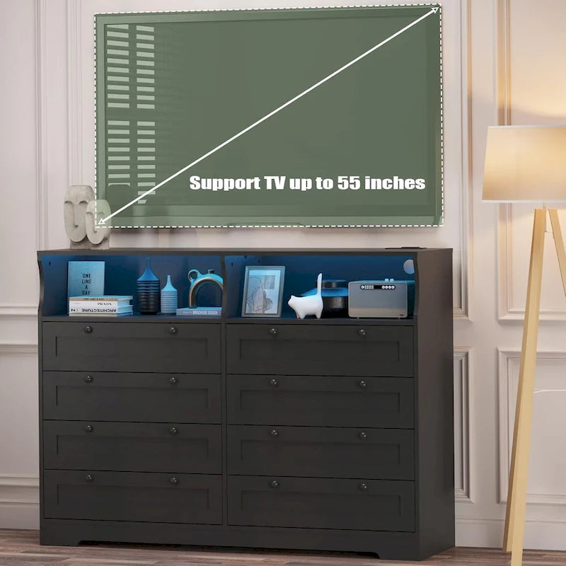 Moderner Schrank aus Holz mit 8 Schubladen, Schlafzimmerschrank mit Ladestation und LED-Leuchten