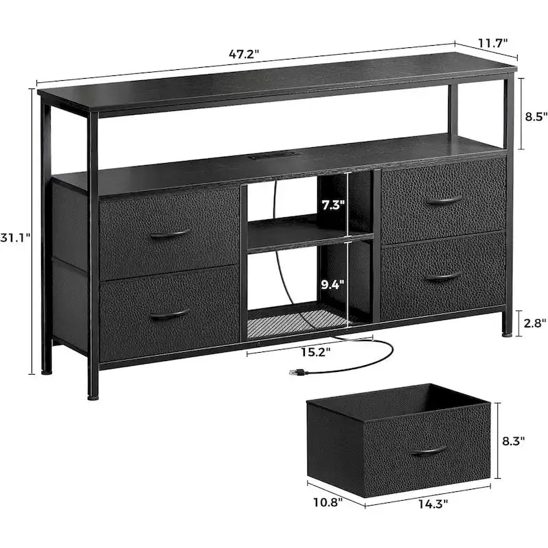 LED-tv-meubel met stopcontacten, 4 laden en open plank, zwarte PU-afwerking
