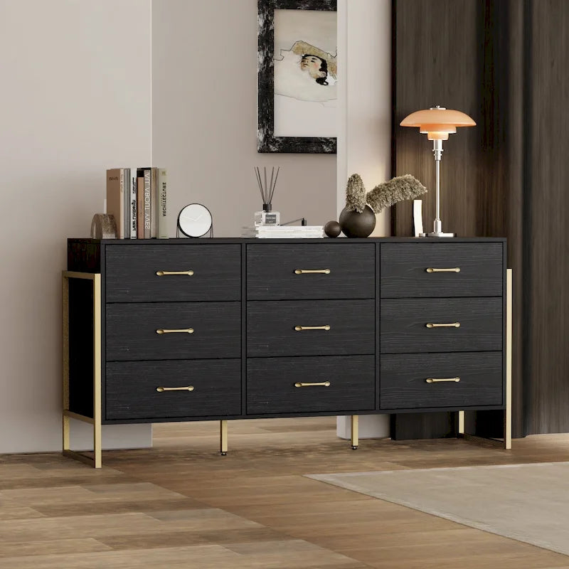 Vielseitige Kommode mit 9 Schubladen – elegantes Schwarz und Gold, hochwertige Schubladenkommode