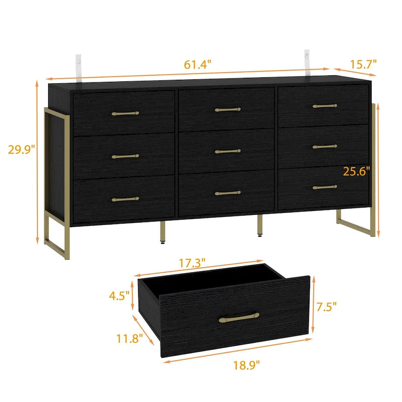 Vielseitige Kommode mit 9 Schubladen – elegantes Schwarz und Gold, hochwertige Schubladenkommode
