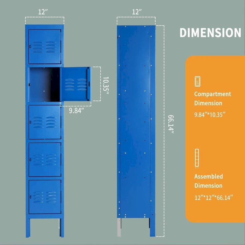 Metalen opbergkast met 5 locker­compartimenten en deuren voor school, kantoor en sportschool