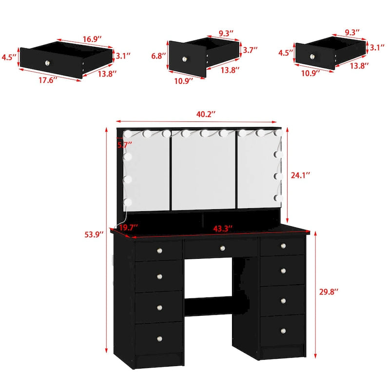 Beauty station van 40.2W met 3 spiegels, make-uptafel voor aankleden