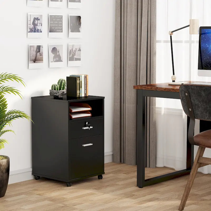 Mobiele archiefkast met 2 laden en slot, printerstandaard met zwenkwielen