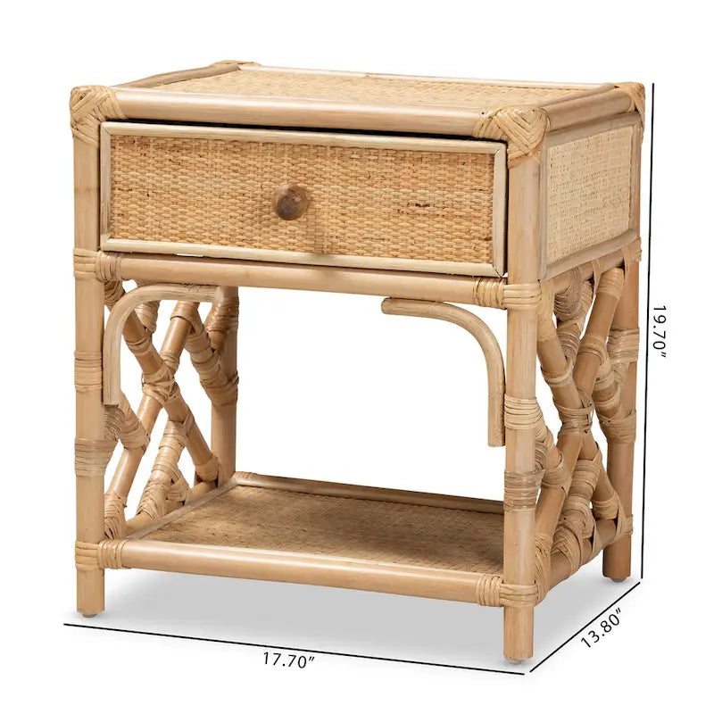 Moderner Nachttisch im Boho-Stil aus naturbraunem Rattan mit einer Schublade