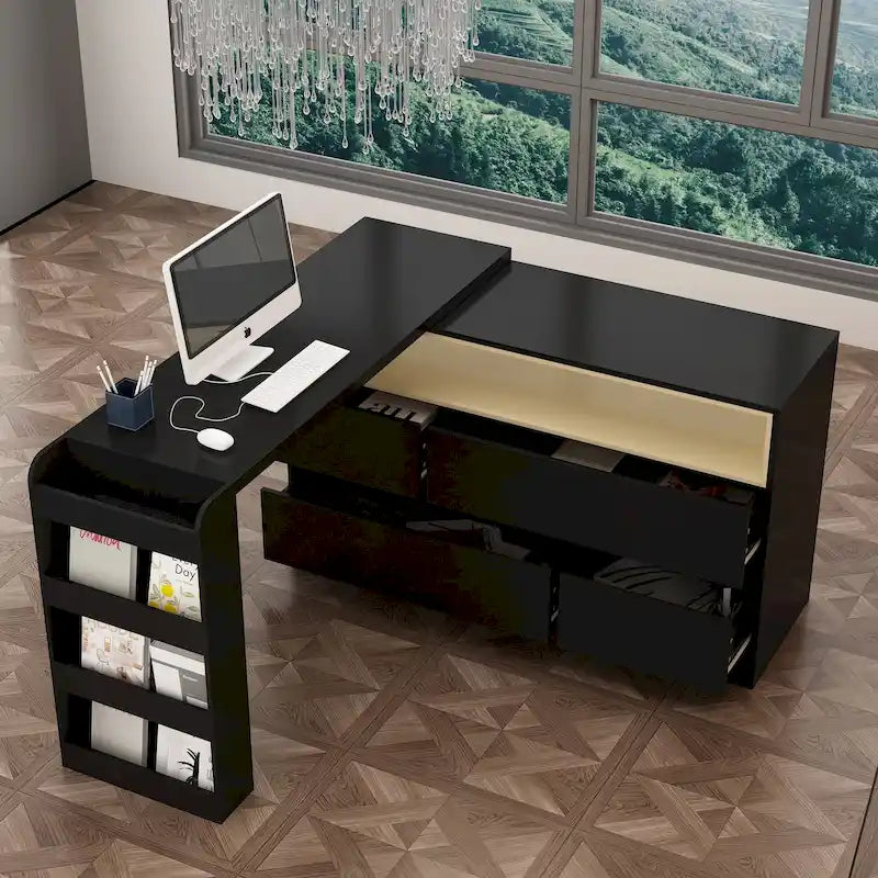 Opbergbureau met verplaatsbaar tafelblad, planken en presentatieruimte, ladekast