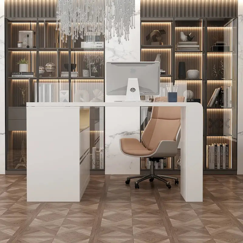 Opbergbureau met verplaatsbaar tafelblad, planken en presentatieruimte, ladekast