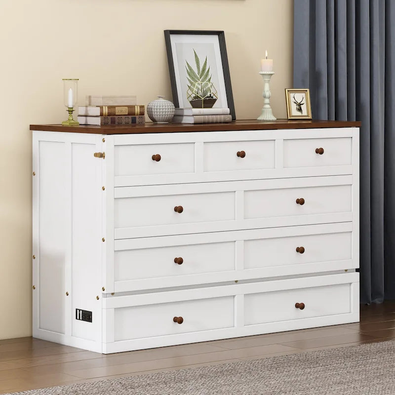 MERAX Solid Pine Murphy Bed Chest with Charging Station and Large Storage Drawer