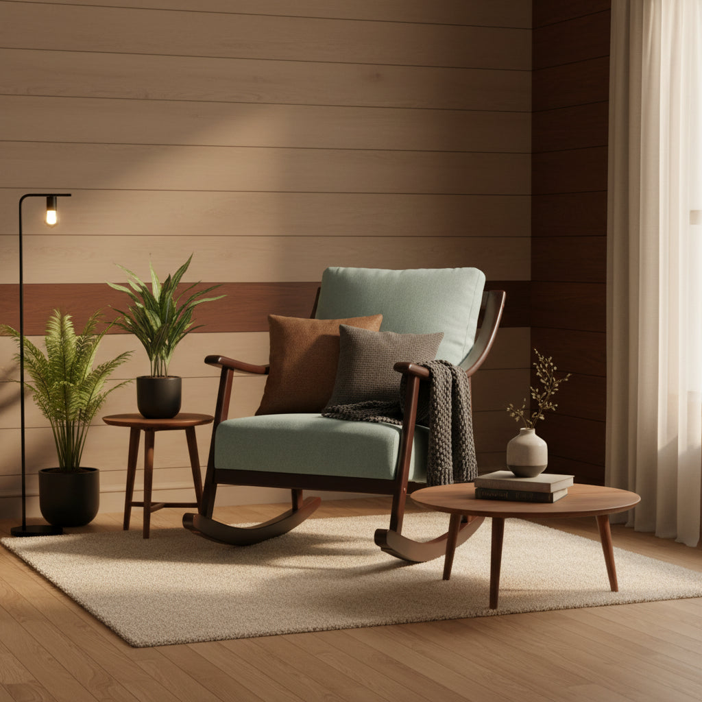 Moderne schommelstoel met geweven stoffen bekleding en frame van massief hout