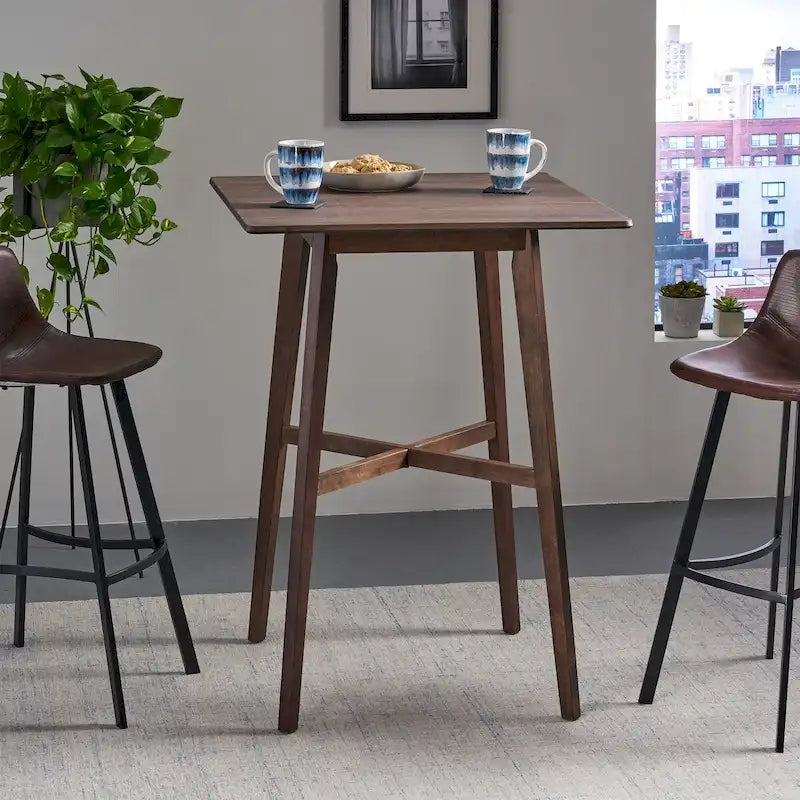 Moderne eettafel op barkrukhoogte van 42, poten van rubberhout en tafelblad van laminaat
