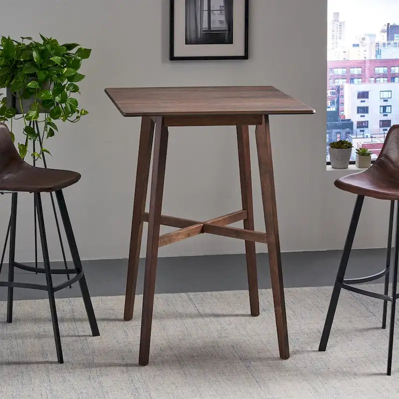 Moderne eettafel op barkrukhoogte van 42, poten van rubberhout en tafelblad van laminaat