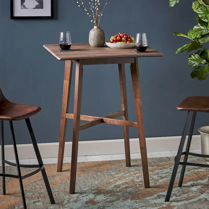 Moderne eettafel op barkrukhoogte van 42, poten van rubberhout en tafelblad van laminaat