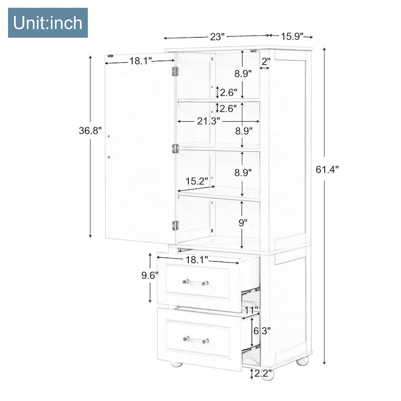Hohes Badezimmer-Aufbewahrungsschränkchen, freistehender Schrank mit zwei Schubladen und verstellbarem Regal, MDF-Platte mit lackierter Oberfläche