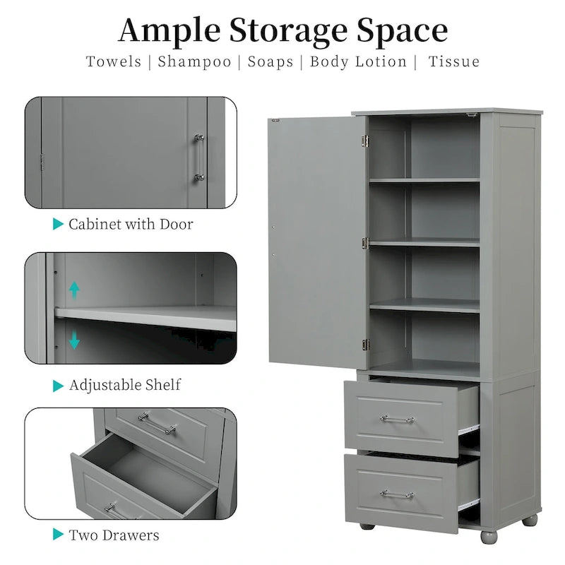 Hohes Badezimmer-Aufbewahrungsschränkchen, freistehender Schrank mit zwei Schubladen und verstellbarem Regal, MDF-Platte mit lackierter Oberfläche