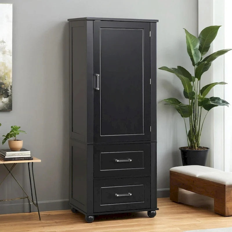 Hohes Badezimmer-Aufbewahrungsschränkchen, freistehender Schrank mit zwei Schubladen und verstellbarem Regal, MDF-Platte mit lackierter Oberfläche