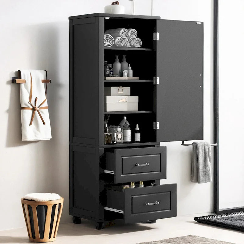 Hohes Badezimmer-Aufbewahrungsschränkchen, freistehender Schrank mit zwei Schubladen und verstellbarem Regal, MDF-Platte mit lackierter Oberfläche