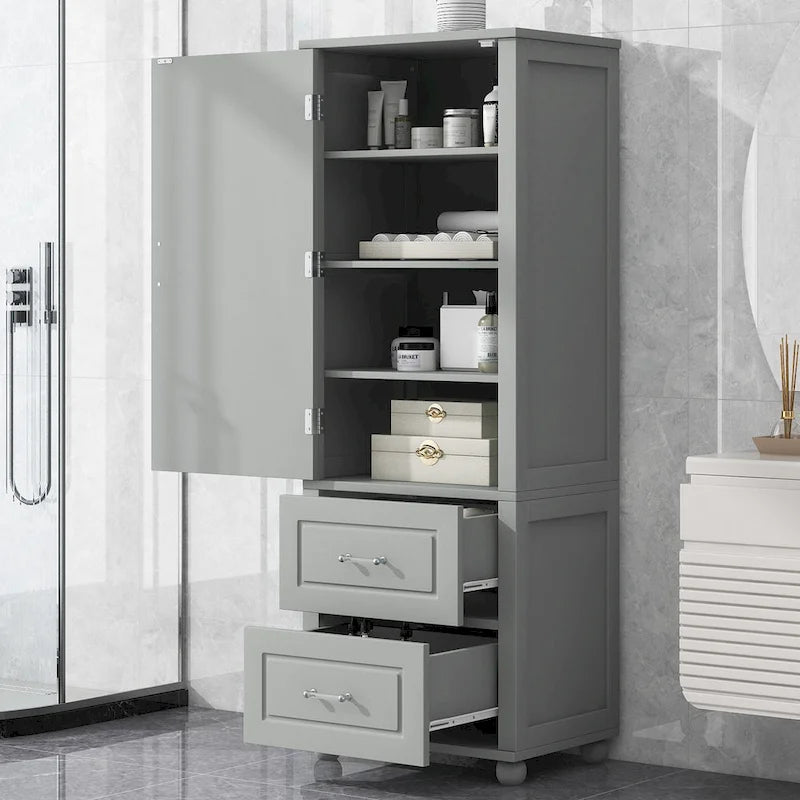 Hohes Badezimmer-Aufbewahrungsschränkchen, freistehender Schrank mit zwei Schubladen und verstellbarem Regal, MDF-Platte mit lackierter Oberfläche