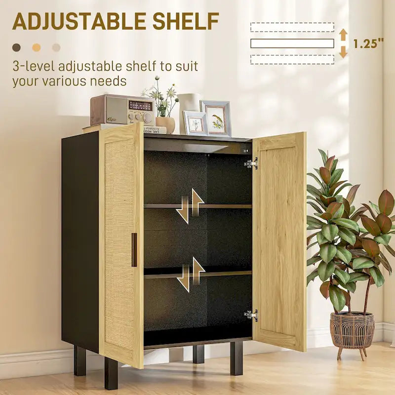 Sideboard-Buffetschrank, Küchenschrank, Kaffeebarschrank mit 2 Rattantüren und verstellbaren Einlegeböden