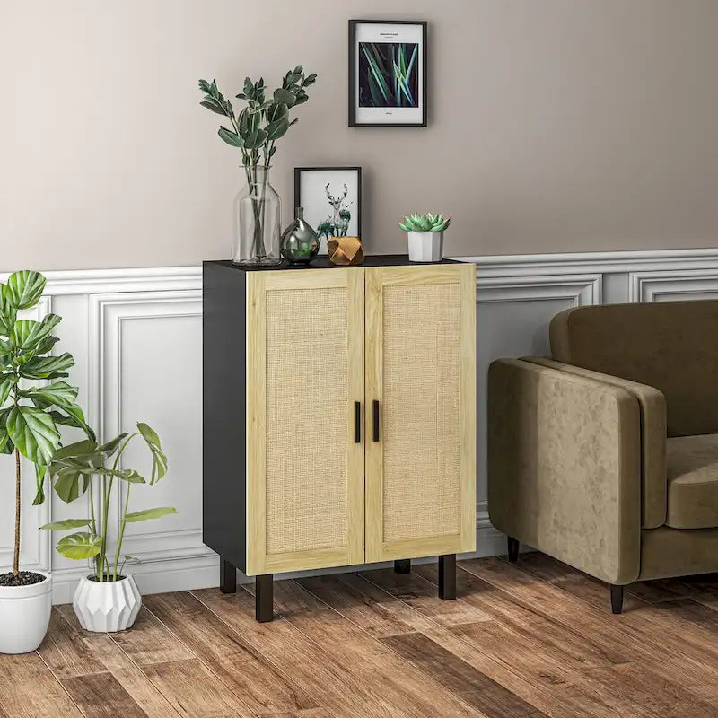 Sideboard-Buffetschrank, Küchenschrank, Kaffeebarschrank mit 2 Rattantüren und verstellbaren Einlegeböden